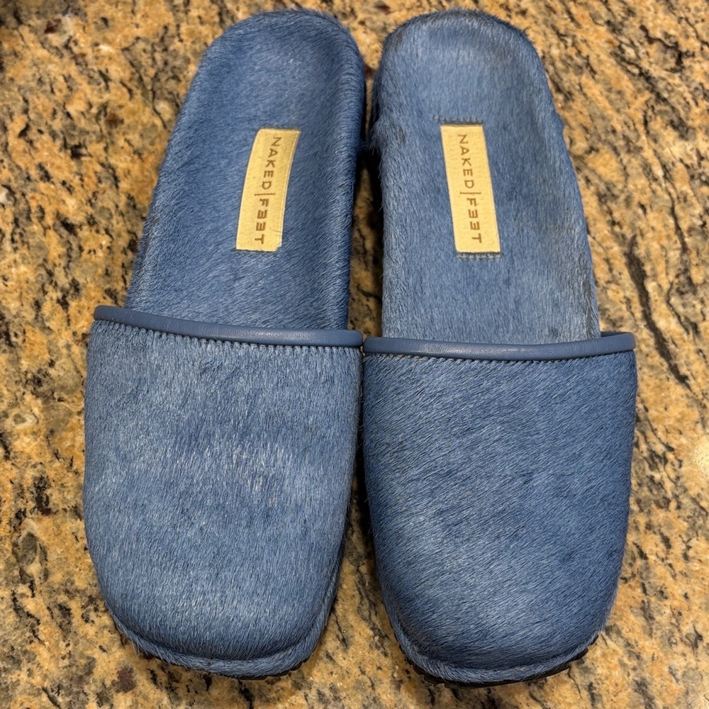 Naked Feet Blue Haircalf Slide Sandals Size 6 Made in Brazil Boho Minimalist